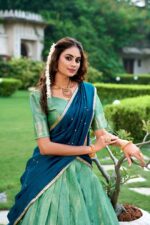 Pista-Zari-Weaving-Kanchipuram-Silk-Traditional-Lehenga-Choli-with-contrast-and-sequence-worked-Dupatta-4