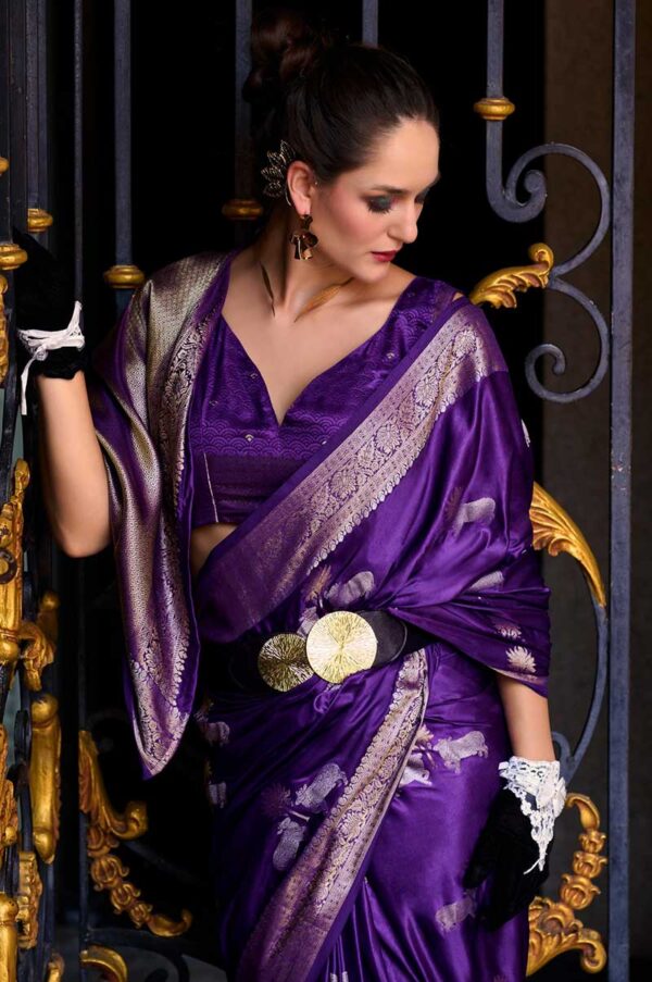 Purple Colour Assam Muga Silk Saree with Golden Detailing and Intricate Border