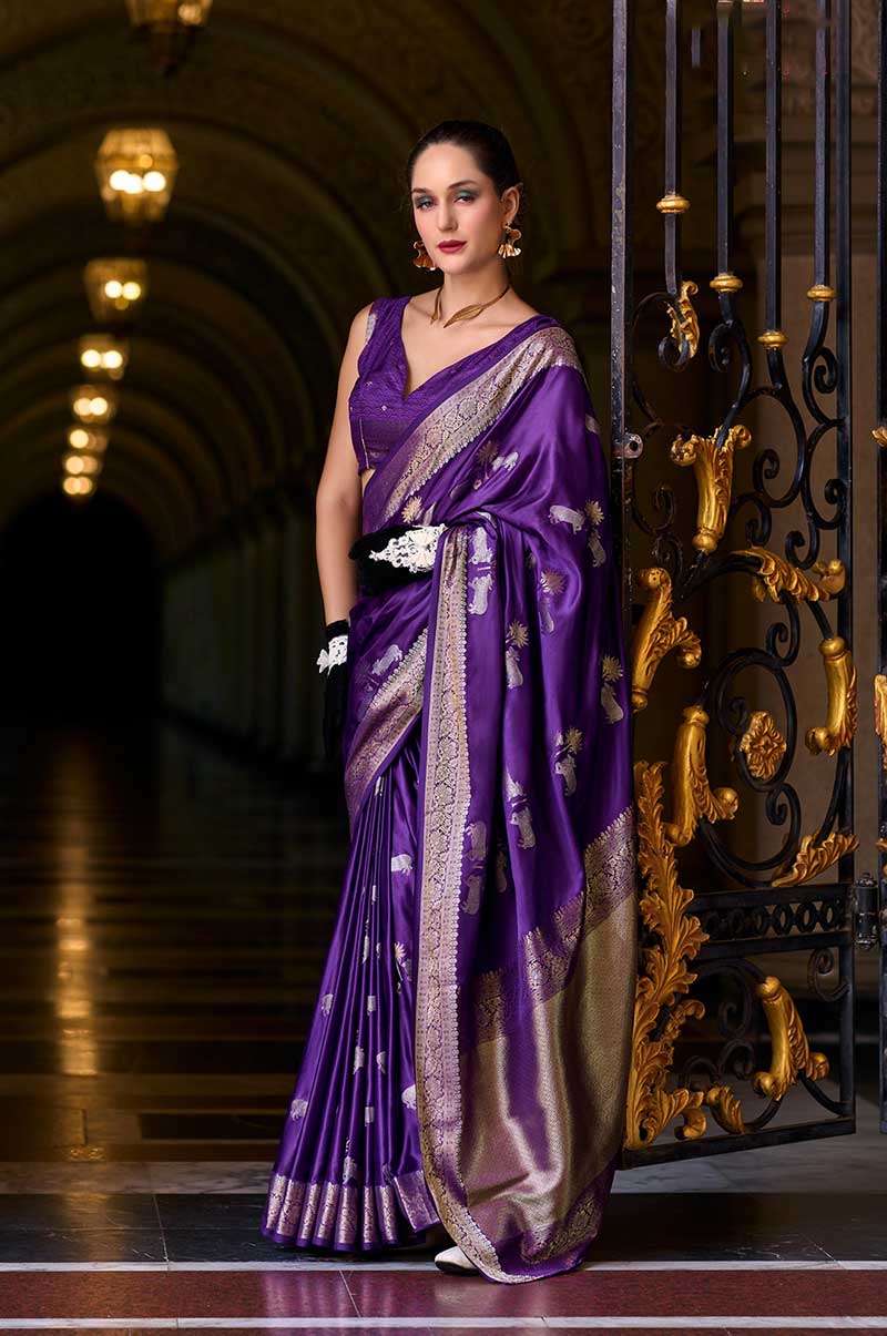 Purple Colour Assam Muga Silk Saree with Golden Detailing and Intricate Border