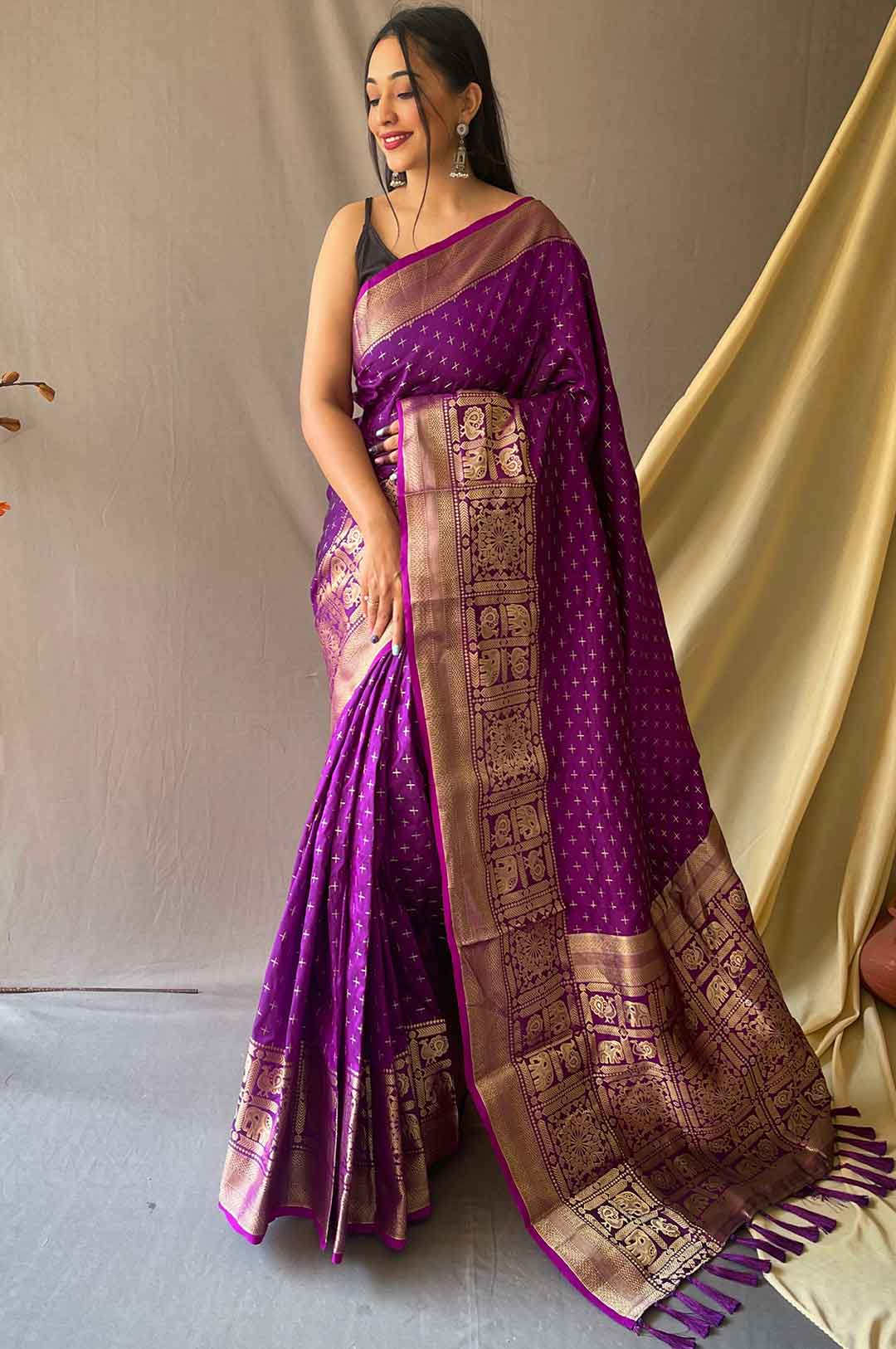 Purple Silk Saree with Silver and Gold Zari Checks and Broad Zari Border