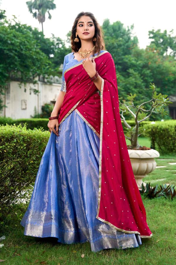 R. Blue Kanchipuram Lehenga Choli Set with Zari Weawing Work