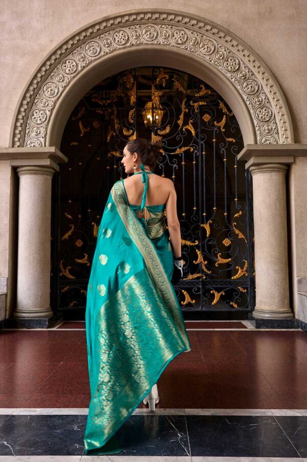 Rama Colour Assam Muga Silk Saree with Golden Detailing and Intricate Border