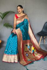 Rama-Color-Pure-Paithani-Silk-Saree-with-Rich-Parrot-Design-Weaved-Pallu-and-Polka-Dot-Motif-2