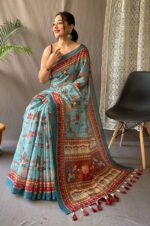 Rama-Pure-Malai-Cotton-Kamalkari-Saree-with-Block-Print