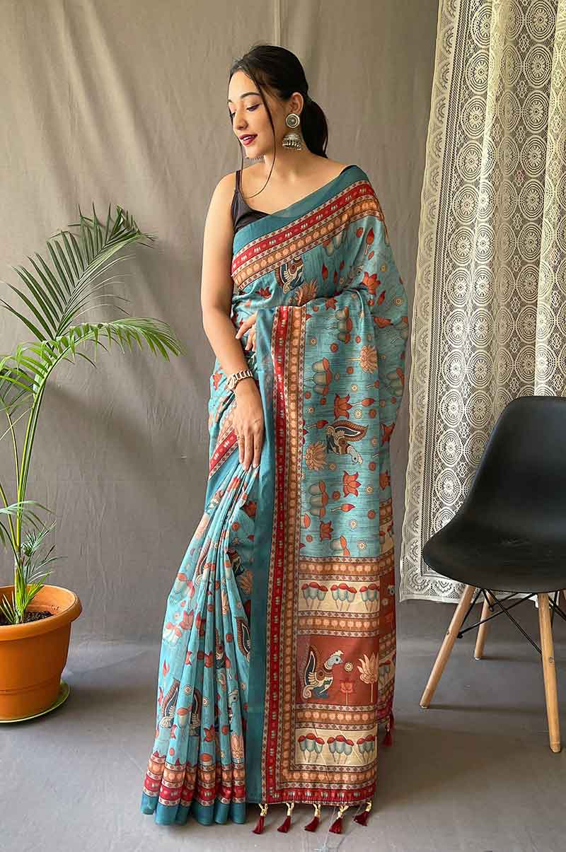 Rama Cotton Saree with Kalamkari Prints and Contrast Pallu