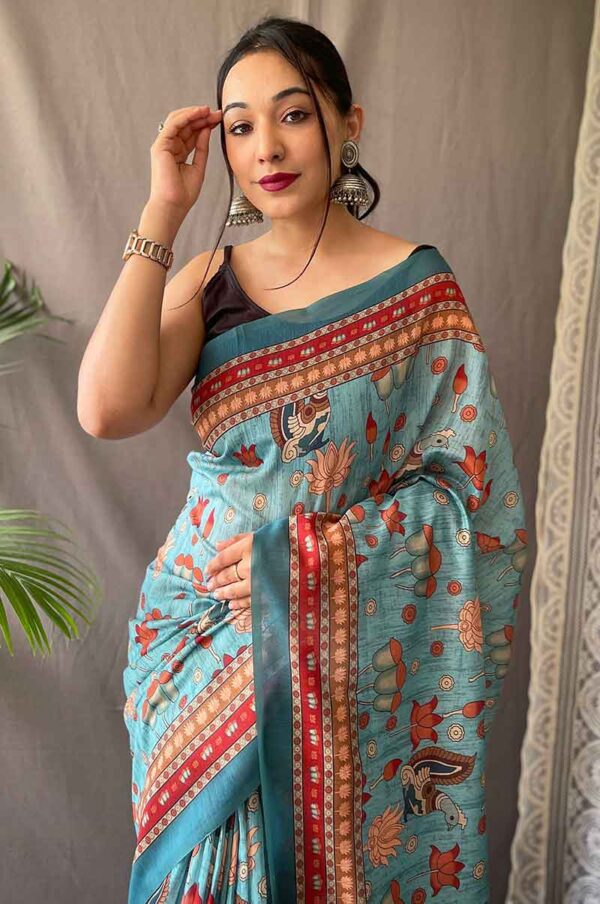 Rama Cotton Saree with Kalamkari Prints and Contrast Pallu