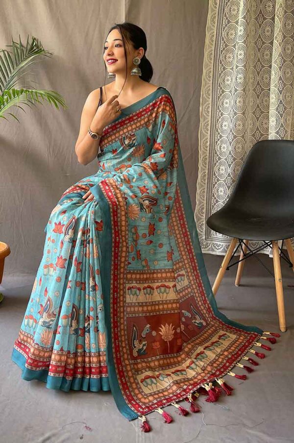 Rama Cotton Saree with Kalamkari Prints and Contrast Pallu