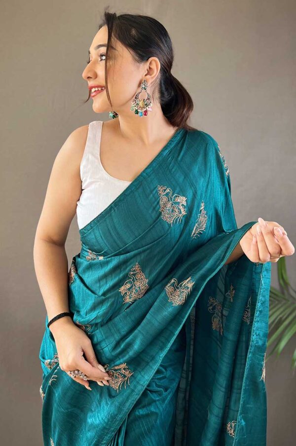 Rama Silk Saree with Zari Embroidery and Piping Design