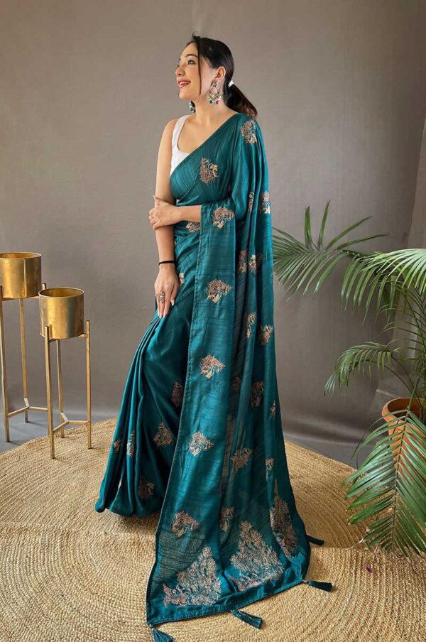 Rama Silk Saree with Zari Embroidery and Piping Design