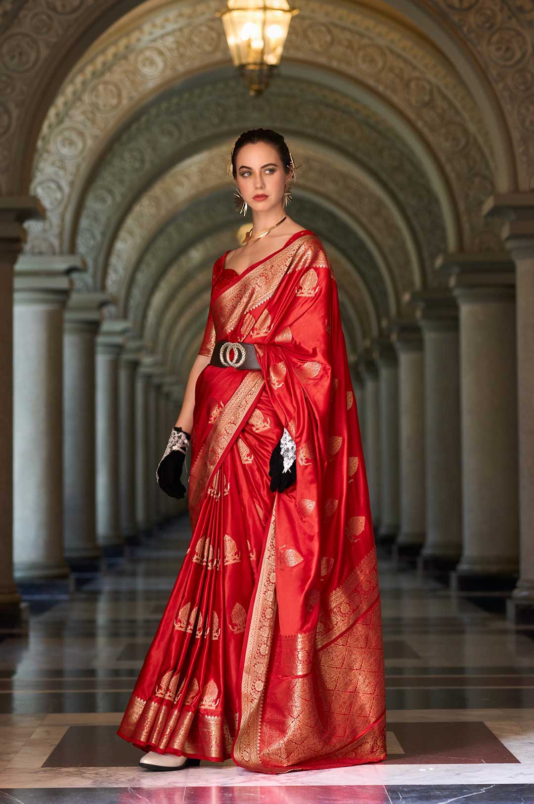 Red Colour Assam Muga Silk Saree with Golden Detailing and Intricate Border