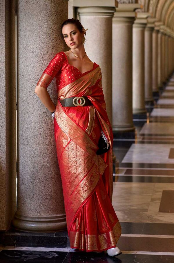 Red Colour Assam Muga Silk Saree with Golden Detailing and Intricate Border