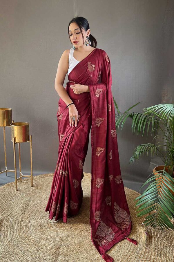 Red Silk Saree with Zari Embroidery and Piping Design