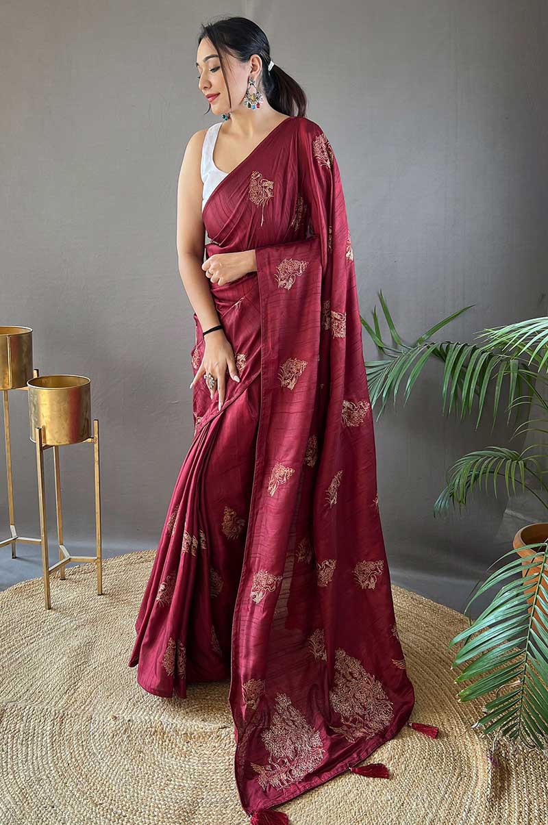 Red Silk Saree with Zari Embroidery and Piping Design