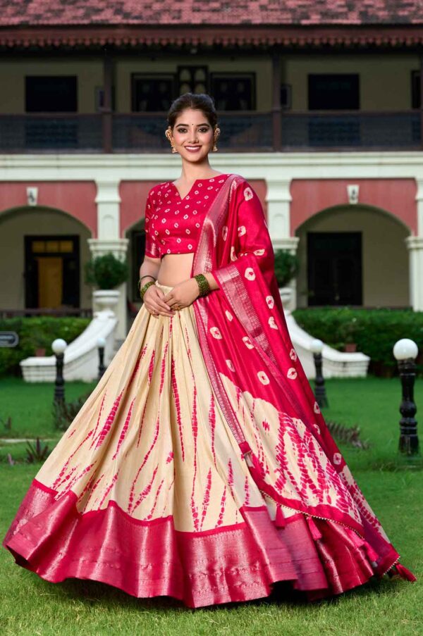 Red and Cream Dola Silk Lehenga Choli Set with Shibori Print