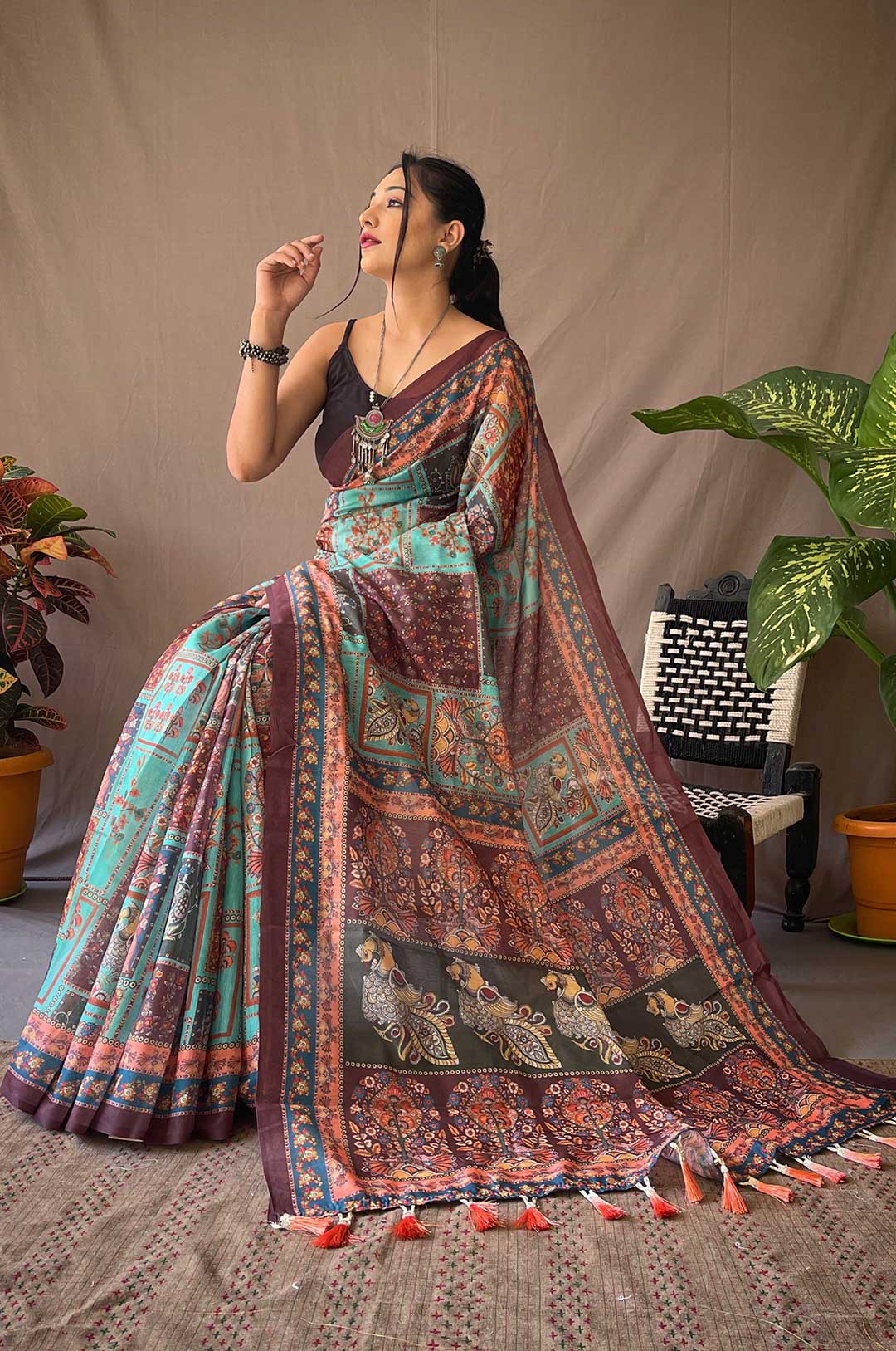 Sky Cotton Kalamkari Print Saree