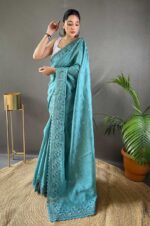 Sky-Matka-Silk-Saree-with-Motifs-and-Cutwork-Border