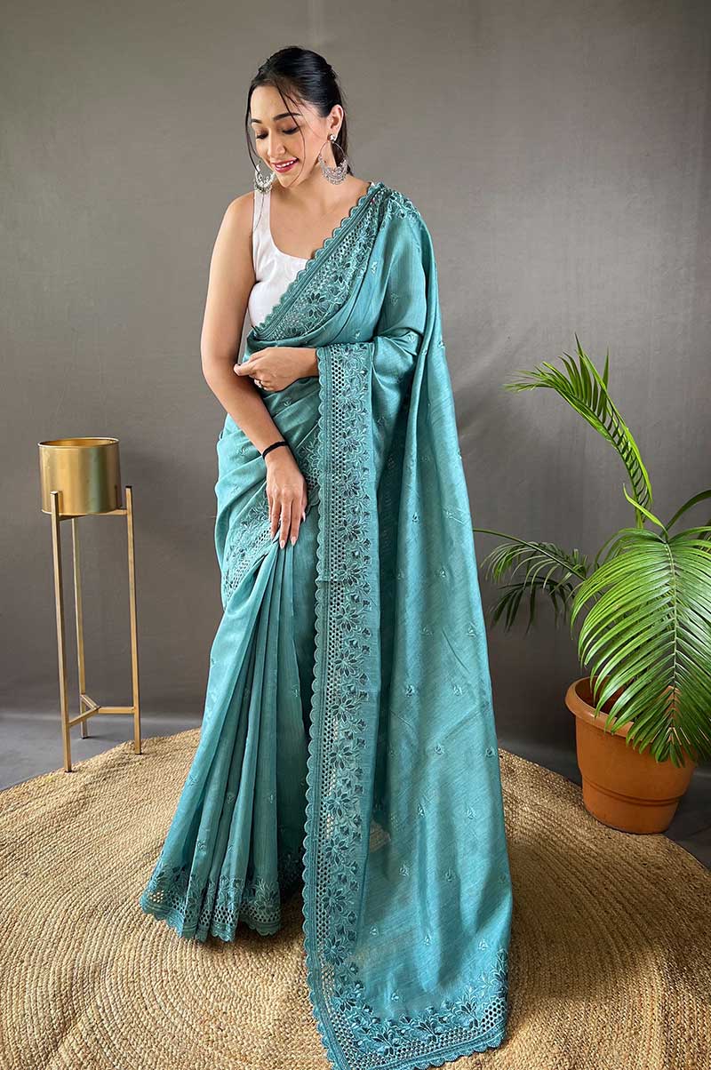 Sky Pure Matka Silk Soft Saree with Motifs and Cutwork Border