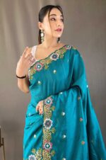 Sky-Tussar-Silk-Saree-with-Contrast-Embroidery-and-Cutwork-Border