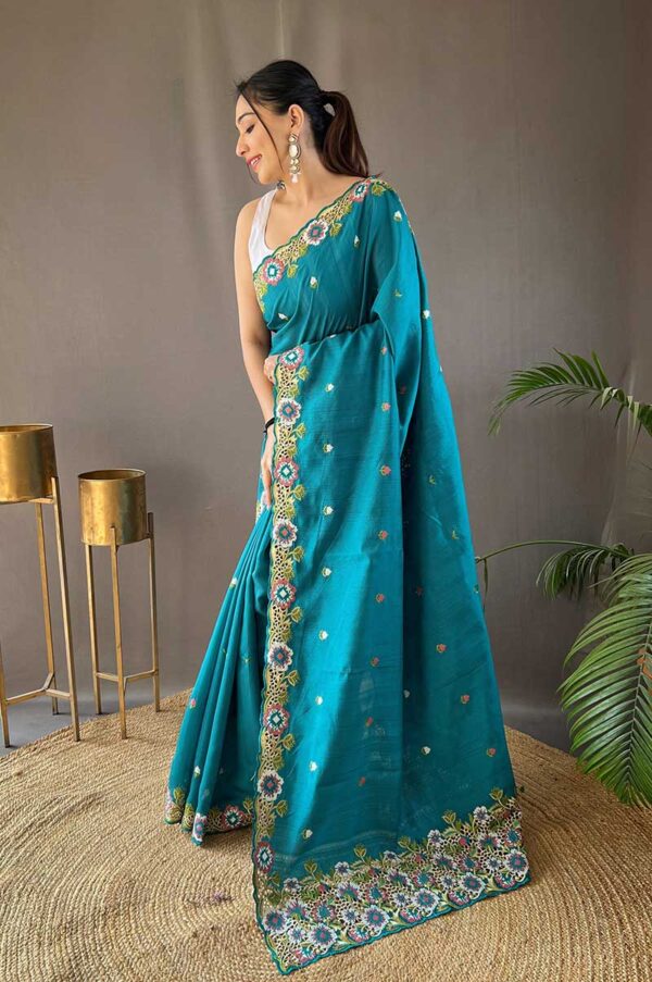 Sky Tussar Silk Saree with Contrast Embroidery and Cutwork Border