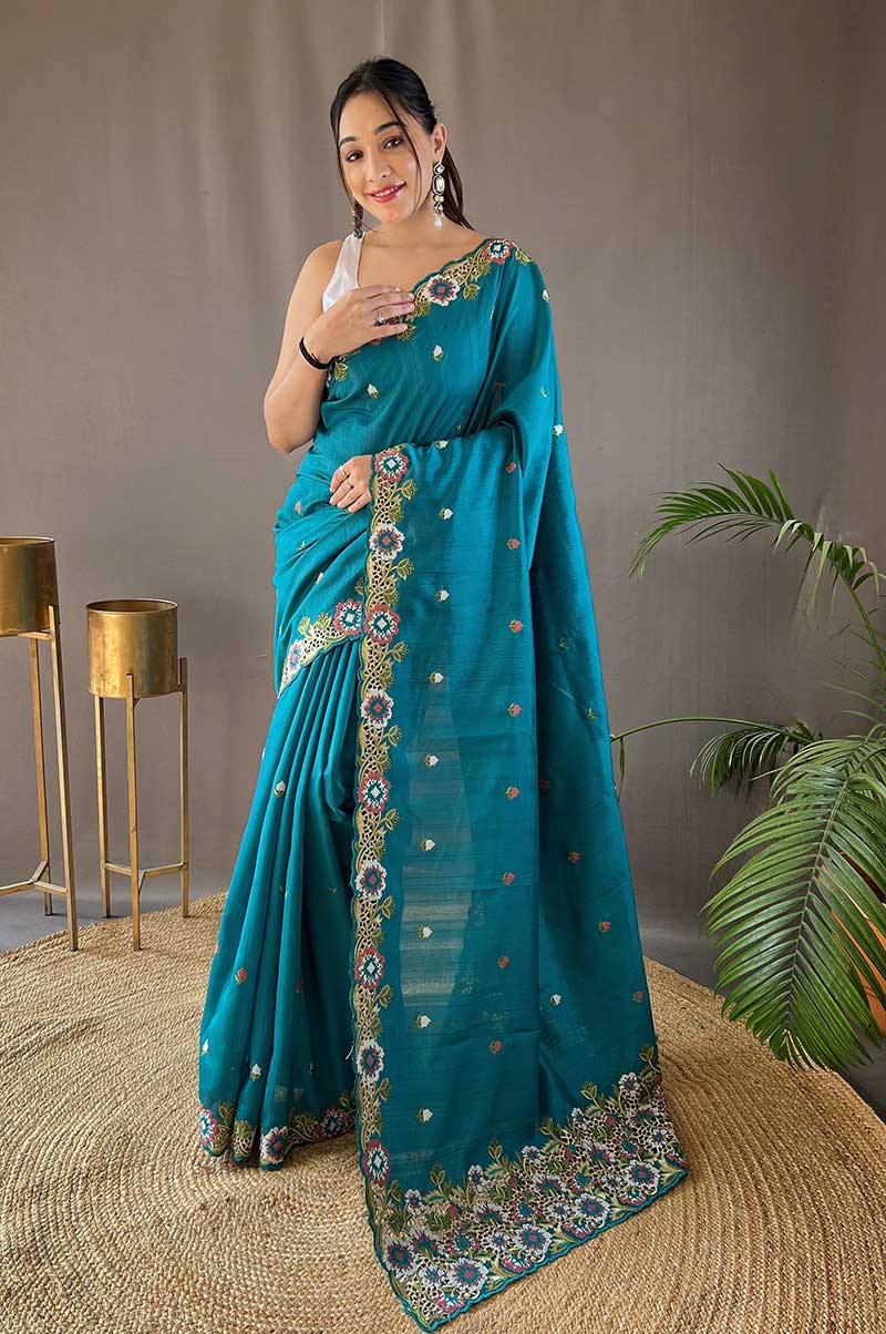 Sky Tussar Silk Saree with Contrast Embroidery and Cutwork Border