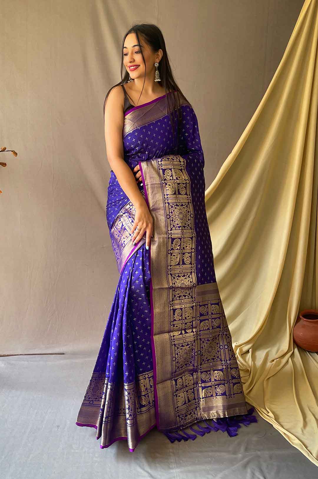 Violet Silk Saree with Silver and Gold Zari Checks and Broad Zari Border