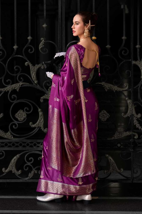 Wine Colour Assam Muga Silk Saree with Golden Detailing and Intricate Border