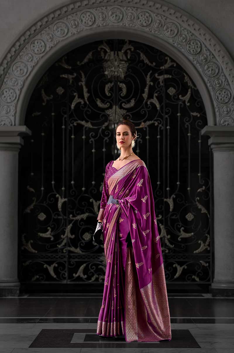 Wine Colour Assam Muga Silk Saree with Golden Detailing and Intricate Border