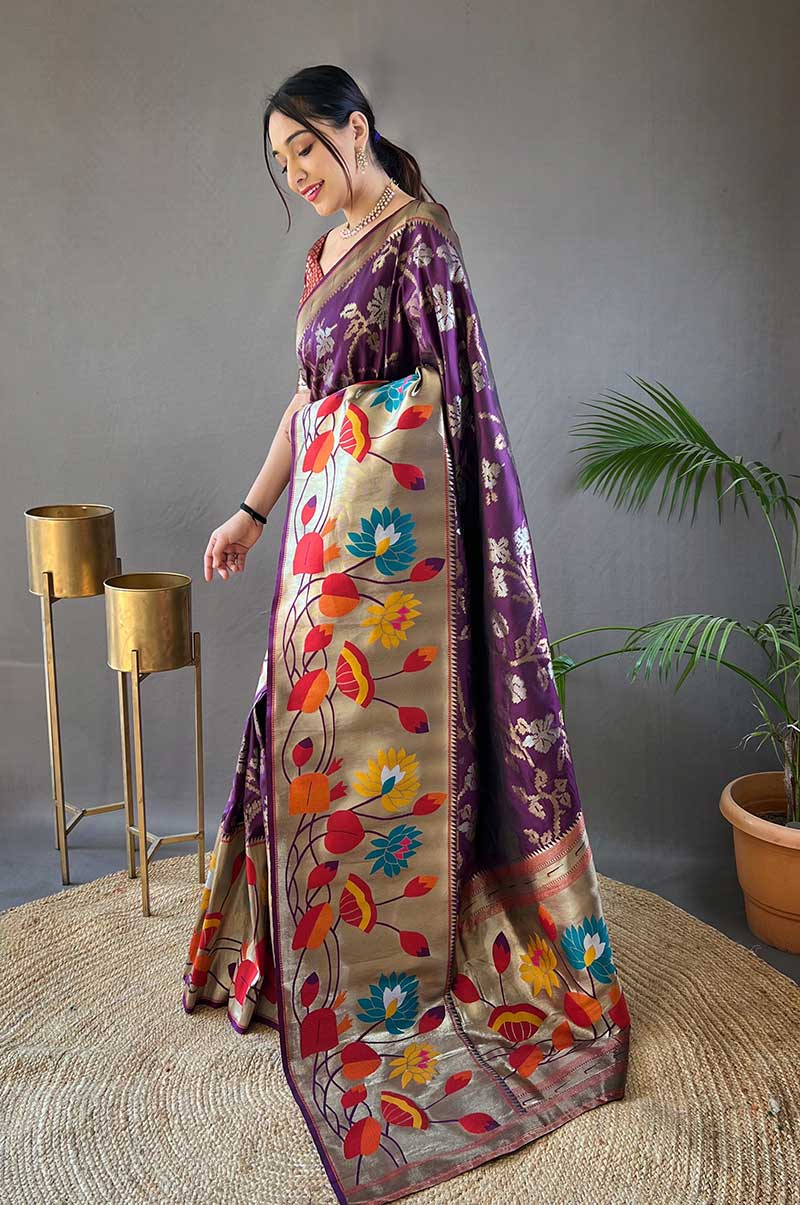 Wine Paithani Silk Saree with 3D Traditional Design and Zari Work