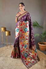 Wine-Paithani-Silk-Saree-with-3D-Traditional-Design-and-Zari-Work-3