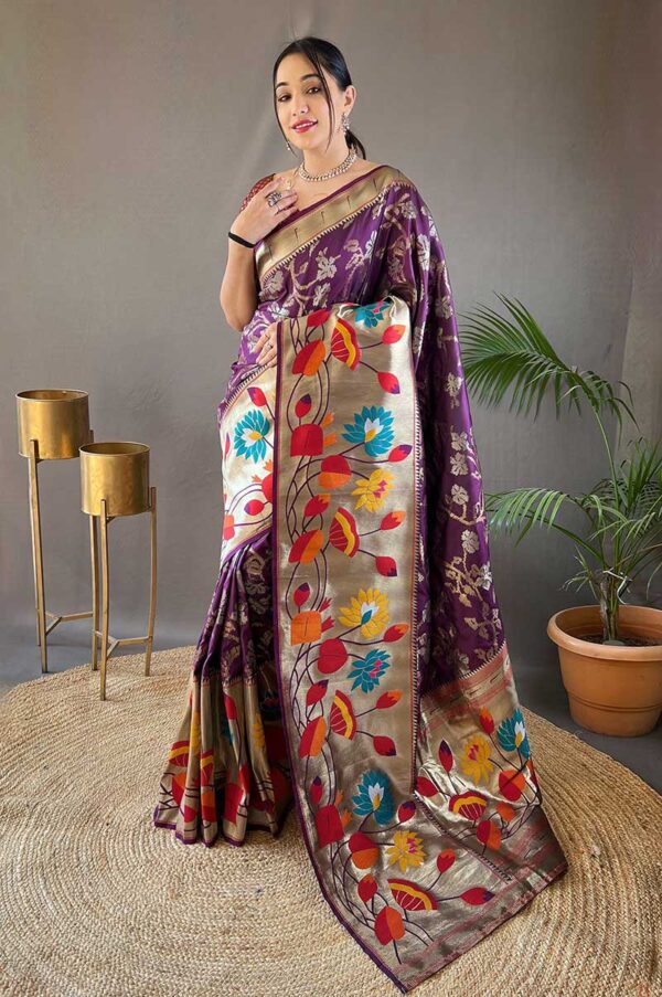 Wine Paithani Silk Saree with 3D Traditional Design and Zari Work