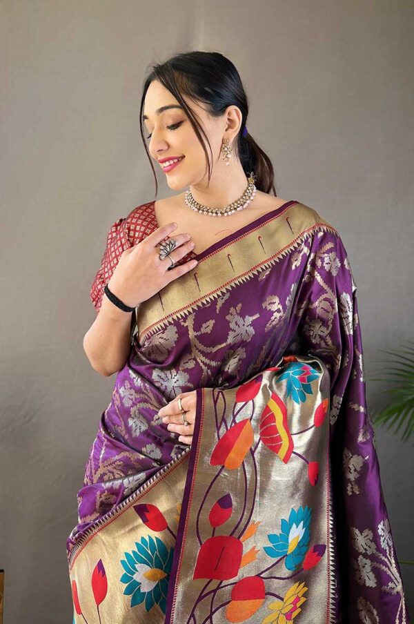 Wine Paithani Silk Saree with 3D Traditional Design and Zari Work