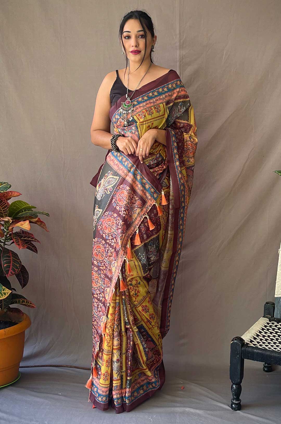 Yellow Cotton Kalamkari Print Saree with Contrast Pallu and Tassels