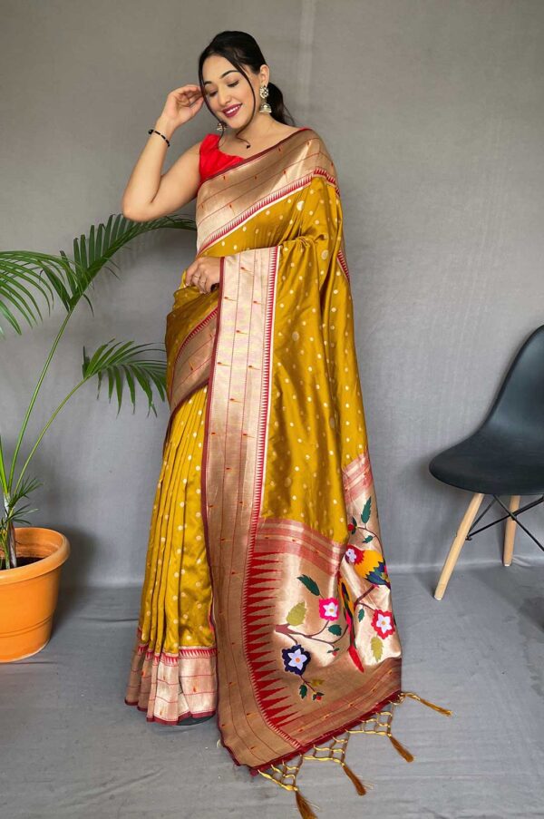 Yellow Color Paithani Silk Saree With Parrot Rich Weaved Pallu and Polka Dot Motif