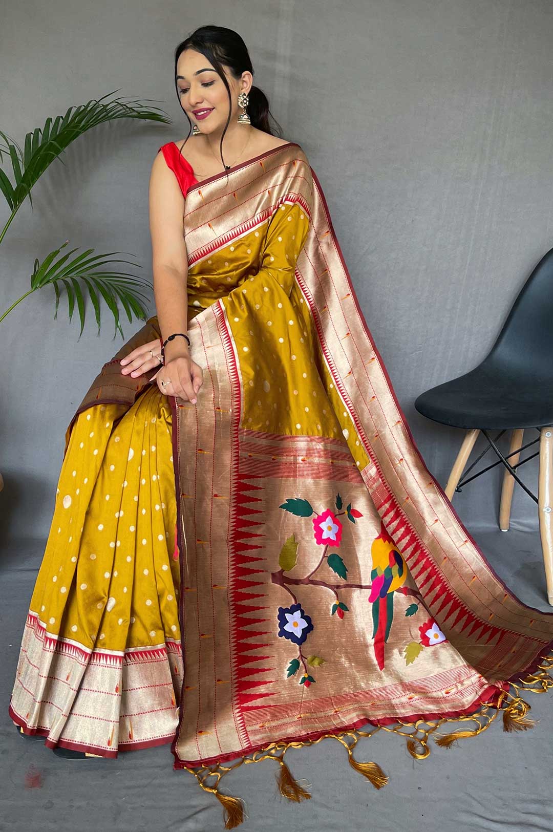 Yellow Color Paithani Silk Saree With Parrot Rich Weaved Pallu and Polka Dot Motif