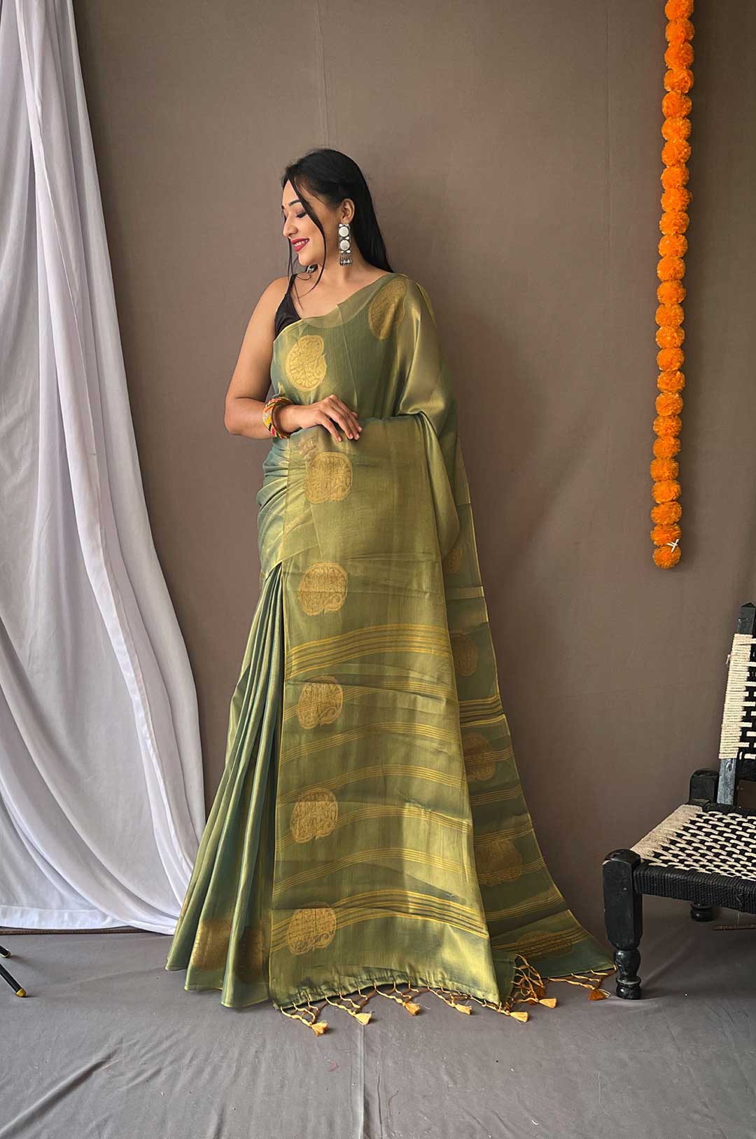 Green Tissue Silk Saree with Zari Weaving and Mango Border