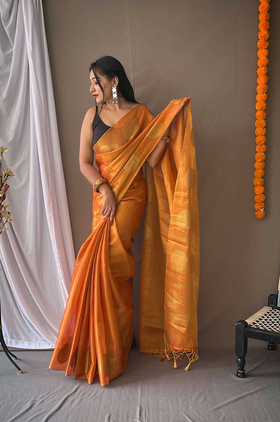 Orange Tissue Silk Saree with Zari Weaving and Mango Bordet