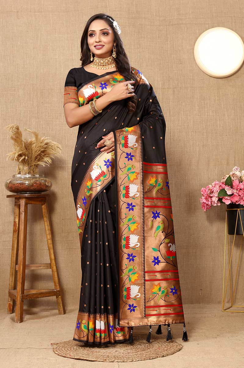 Black Paithani Silk Saree with Floral and Parrot Motifs for Girls