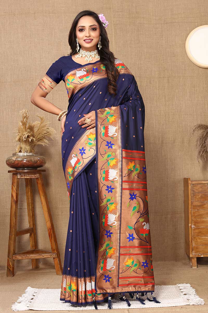 Navy Blue Paithani Silk Saree with Floral and Parrot Motifs