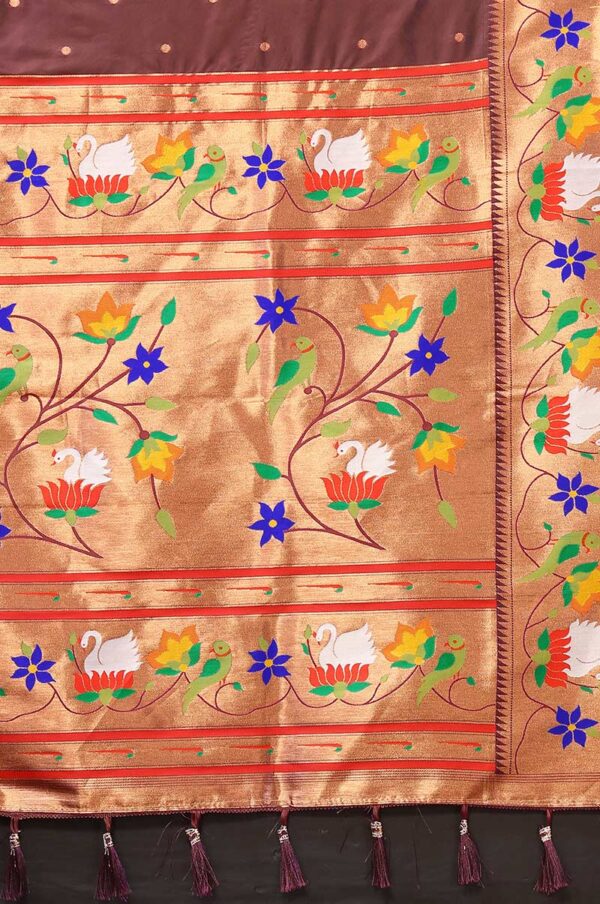 Coffee Paithani Silk Saree with Floral and Parrot Motifs