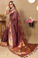 Coffee-Paithani-Silk-Saree-with-Floral-and-Parrot-Motifs-3