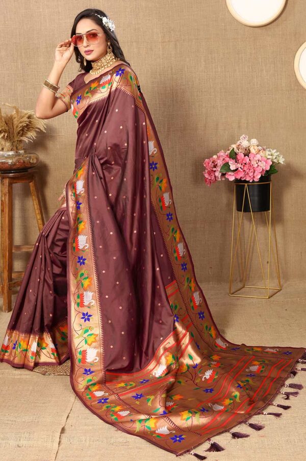 Coffee Paithani Silk Saree with Floral and Parrot Motifs