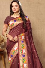 Coffee-Paithani-Silk-Saree-with-Floral-and-Parrot-Motifs-4