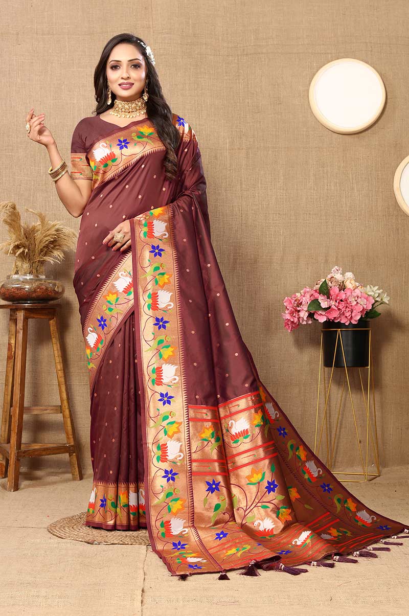 Coffee Paithani Silk Saree with Floral and Parrot Motifs