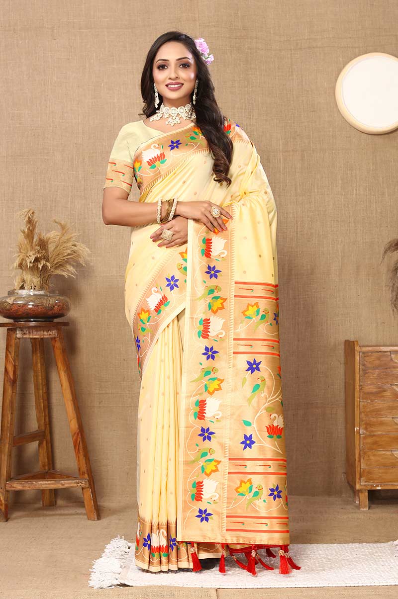 Cream Paithani Silk Saree with Floral and Parrot Motifs