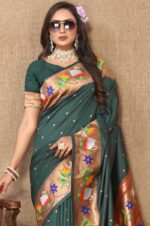 Dark-Green-Paithani-Silk-Saree-with-Floral-and-Parrot-Motifs-2