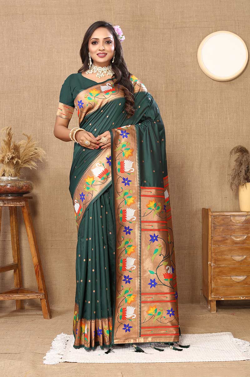 Dark Green Paithani Silk Saree with Floral and Parrot Motifs