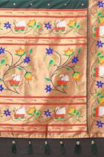 Dark-Green-Paithani-Silk-Saree-with-Floral-and-Parrot-Motifs-4