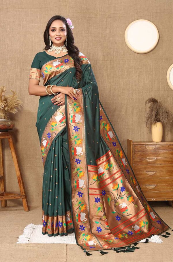 Dark Green Paithani Silk Saree with Floral and Parrot Motifs