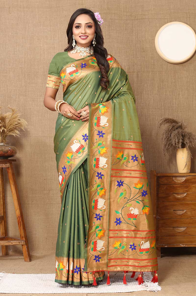 Olive Paithani Silk Saree with Floral and Parrot Motifs