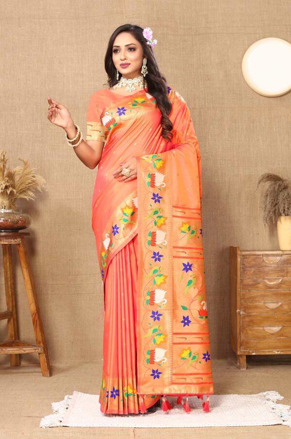 Peach Paithani Silk Saree with Floral and Parrot Motifs